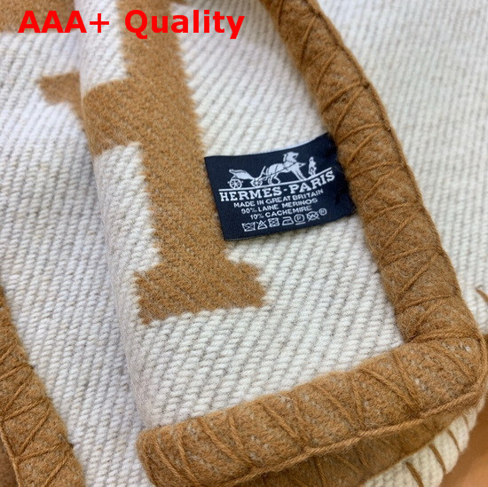 Hermes Avalon Throw Blanket in Ecru and Camel Merinos Wool and Cashmere Replica