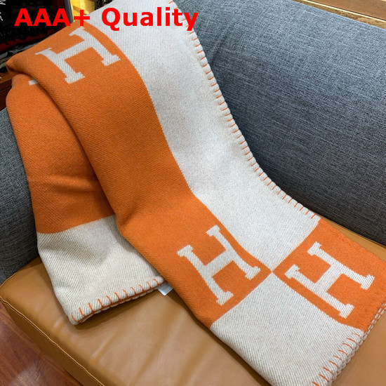 Hermes Avalon Throw Blanket in Ecru and Potiron Merinos Wool and Cashmere Replica