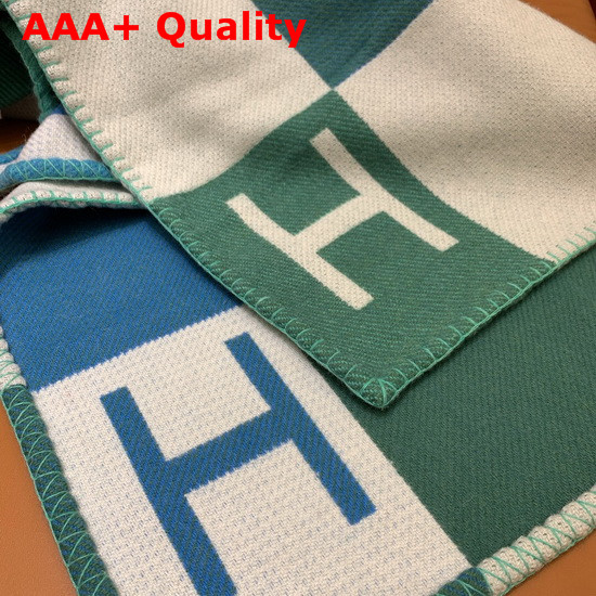 Hermes Avalon Vibration Throw Blanket in Beige and Green Jacquard Woven Wool and Cashmere Replica