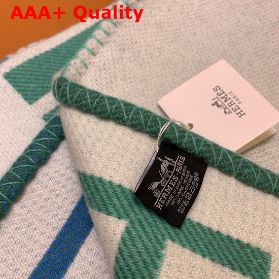 Hermes Avalon Vibration Throw Blanket in Beige and Green Jacquard Woven Wool and Cashmere Replica