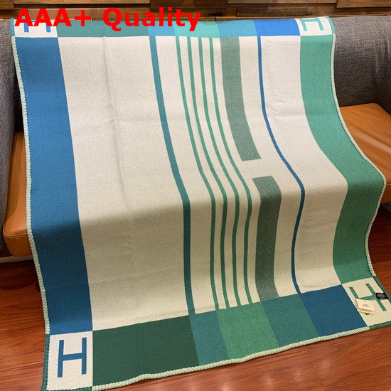 Hermes Avalon Vibration Throw Blanket in Beige and Green Jacquard Woven Wool and Cashmere Replica