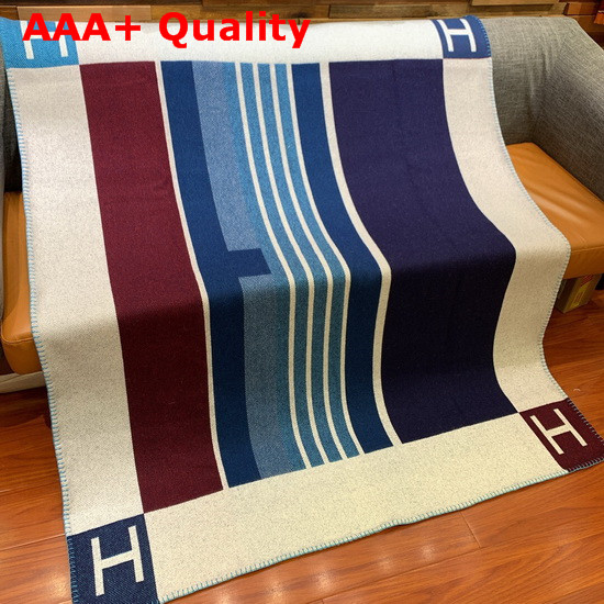 Hermes Avalon Vibration Throw Blanket in Blue and Beige Jacquard Woven Wool and Cashmere Replica