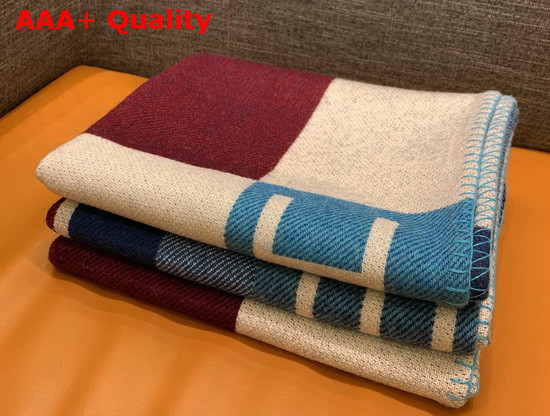 Hermes Avalon Vibration Throw Blanket in Blue and Beige Jacquard Woven Wool and Cashmere Replica