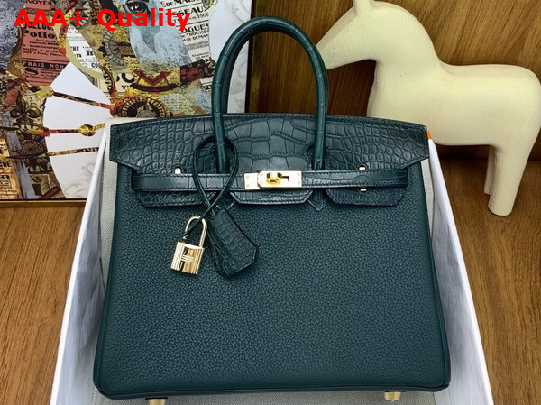 Hermes Birkin 25 Bag in Cypress Green Togo Leather and Alligator Leather Replica