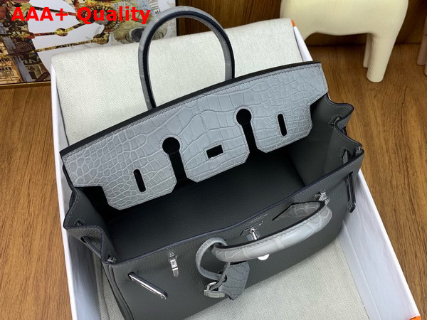 Hermes Birkin 25 Bag in Gris Meyer Togo Leather and Alligator Leather Replica
