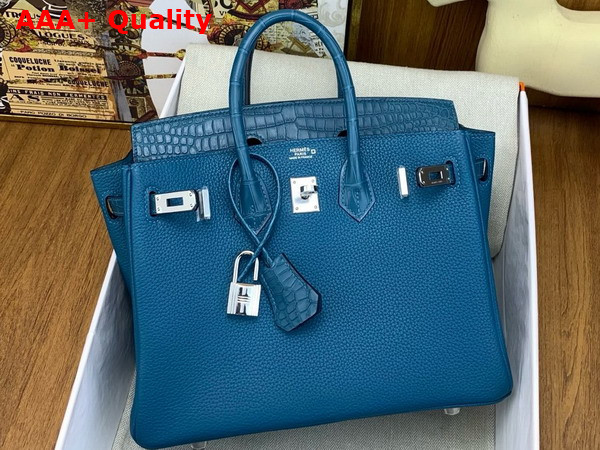Hermes Birkin 25 Bag in Royal Blue Togo Leather and Alligator Leather Replica