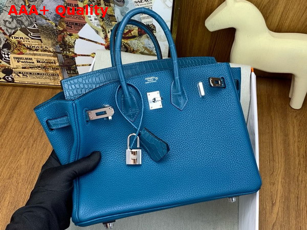 Hermes Birkin 25 Bag in Royal Blue Togo Leather and Alligator Leather Replica