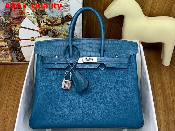 Hermes Birkin 25 Bag in Royal Blue Togo Leather and Alligator Leather Replica