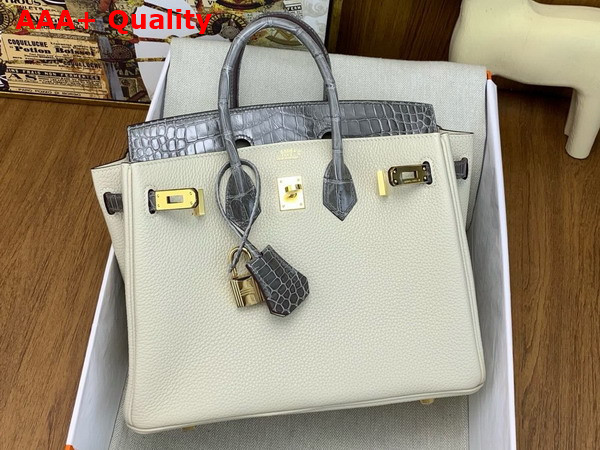Hermes Birkin 25 Bag in Togo Leather and Alligator Leather Milk White and Elephant Gray Replica