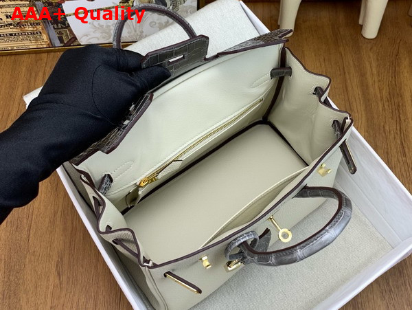 Hermes Birkin 25 Bag in Togo Leather and Alligator Leather Milk White and Elephant Gray Replica
