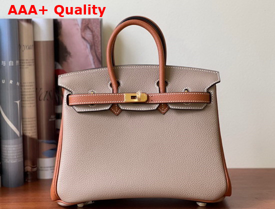 Hermes Birkin 25 Contrast Color Togo Calfskin Light Gray and Gold Hand Stitching Replica