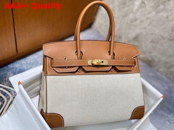 Hermes Birkin 25 in Canvas and Tan Swift Calfskin Replica