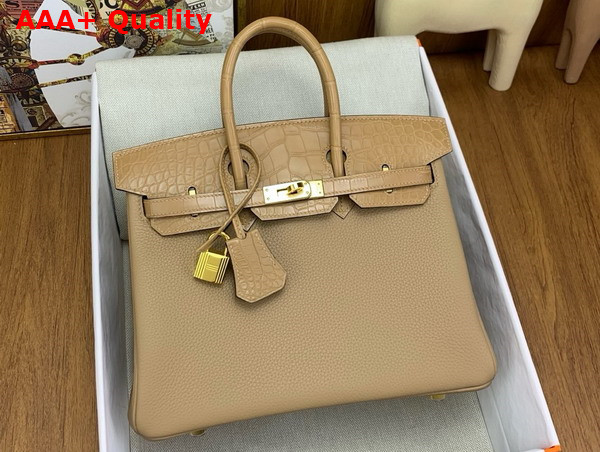 Hermes Birkin 25 in Milk Tea Color Togo Leather and Alligator Leather Replica