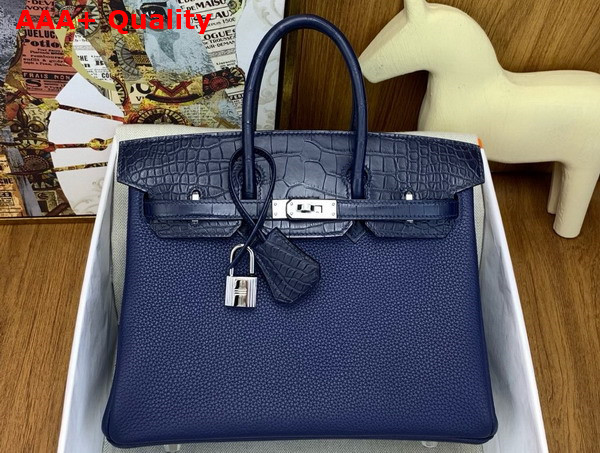 Hermes Birkin 25 in Sapphire Blue Togo Leather and Alligator Leather Replica