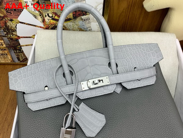 Hermes Birkin 25 in Storm Togo Leather and Light Grey Alligator Leather Replica