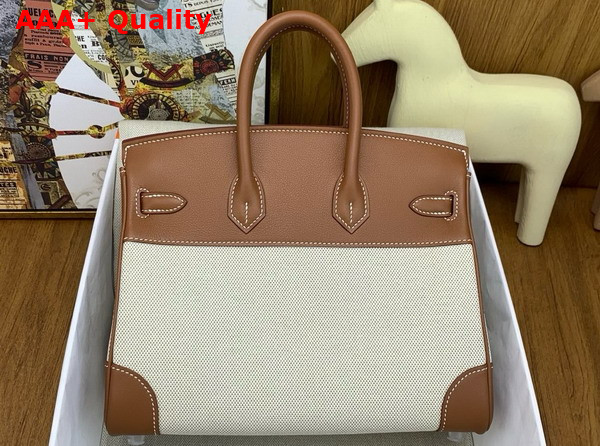 Hermes Birkin 30 Bag in Beige Canvas and Gold Swift Calfskin Replica