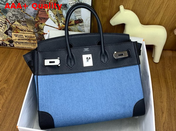 Hermes Birkin 30 Bag in Blue Denim and Noir Togo Calfskin Replica