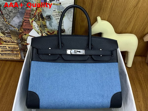 Hermes Birkin 30 Bag in Blue Denim and Noir Togo Calfskin Replica