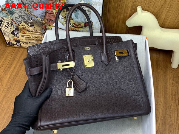 Hermes Birkin 30 Bag in Ebene Togo Leather and Alligator Leather Replica
