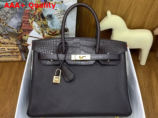 Hermes Birkin 30 Bag in Ebene Togo Leather and Alligator Leather Replica