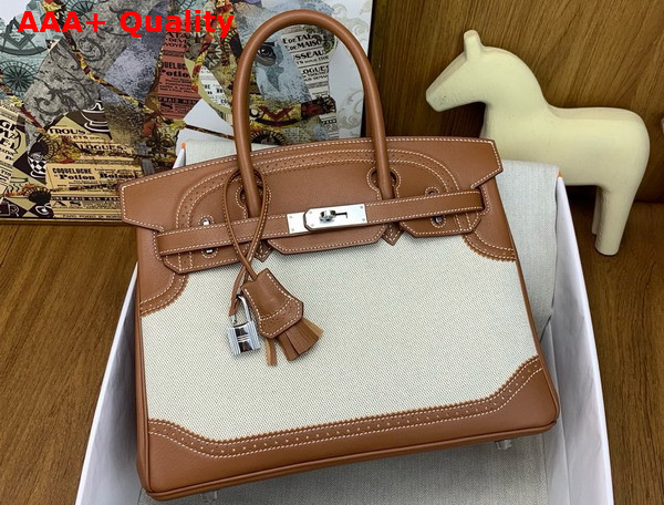 Hermes Birkin 30 Bag in Natural Canvas and Gold Brown Lace Swift Calfskin Replica
