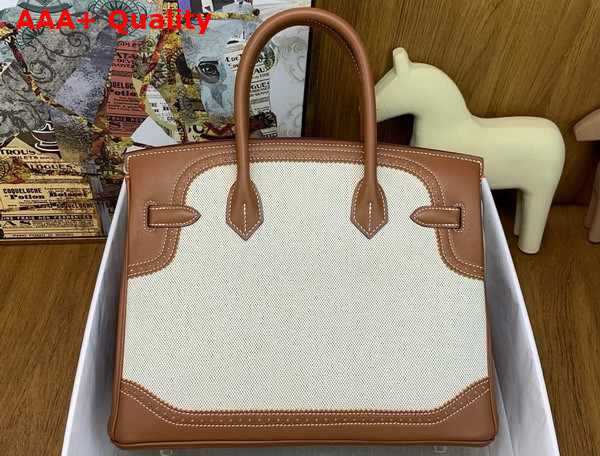 Hermes Birkin 30 Bag in Natural Canvas and Gold Brown Lace Swift Calfskin Replica