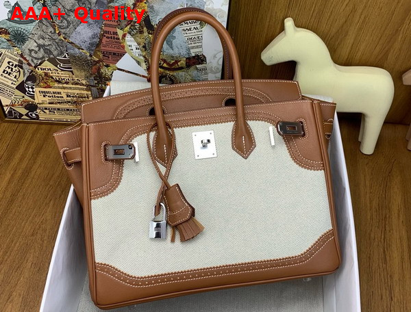 Hermes Birkin 30 Bag in Natural Canvas and Gold Brown Lace Swift Calfskin Replica