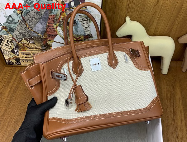 Hermes Birkin 30 Bag in Natural Canvas and Gold Brown Lace Swift Calfskin Replica