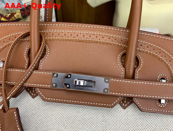 Hermes Birkin 30 Bag in Natural Canvas and Gold Brown Lace Swift Calfskin Replica