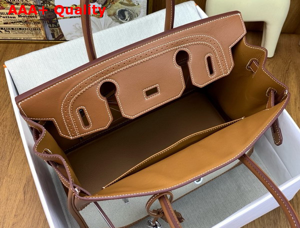 Hermes Birkin 30 Bag in Natural Canvas and Gold Brown Lace Swift Calfskin Replica