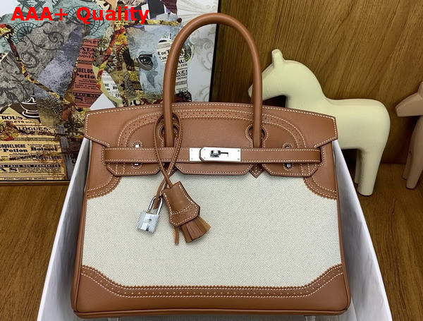 Hermes Birkin 30 Bag in Natural Canvas and Gold Brown Lace Swift Calfskin Replica