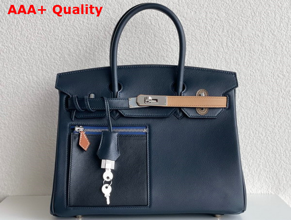 Hermes Birkin 30 in Swift Calfskin Contrast Color Navy Blue and Tan Replica
