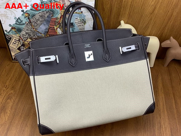 Hermes Birkin 40 Canvas and Goatskin Natural and Dark Coffee Replica