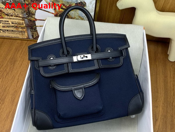 Hermes Birkin Cargo Bag 25cm Deep Blue Canvas and Black Swift Calfskin Replica