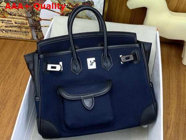 Hermes Birkin Cargo Bag 25cm Deep Blue Canvas and Black Swift Calfskin Replica