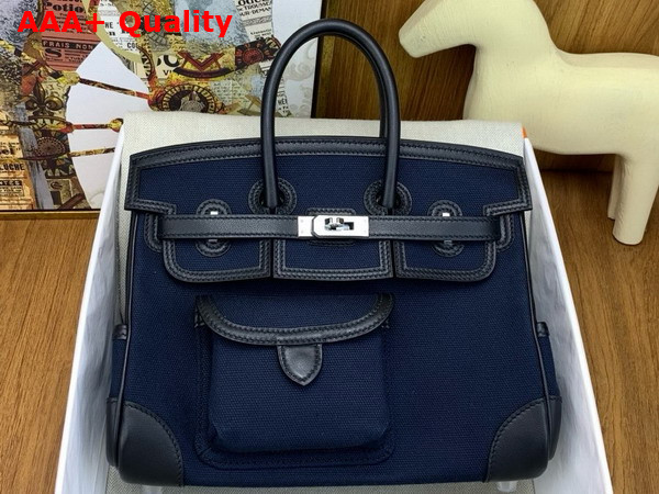 Hermes Birkin Cargo Bag 25cm Deep Blue Canvas and Black Swift Calfskin Replica