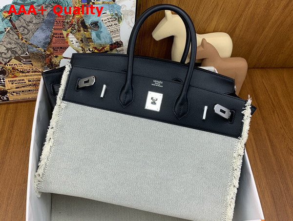 Hermes Birkin Fray Fray Bag 35 in H Canvas and Swift Calfskin Natural and Black Replica