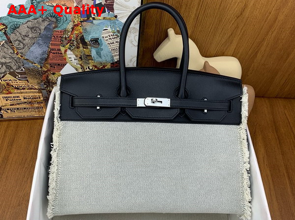 Hermes Birkin Fray Fray Bag 35 in H Canvas and Swift Calfskin Natural and Black Replica