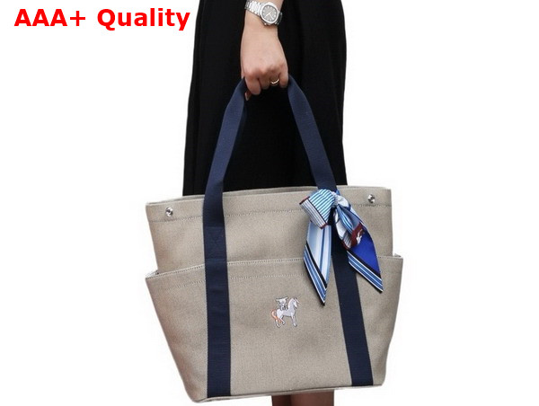 Hermes Cabriole Nappy Bag in Beige Canvas with Blue Handle Replica