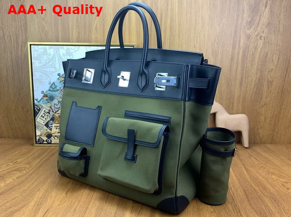 Hermes Cargo Hac Birkin 40 Bag in Khaki Canvas and Black Swift Calfskin Replica