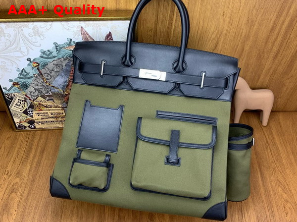 Hermes Cargo Hac Birkin 40 Bag in Khaki Canvas and Black Swift Calfskin Replica