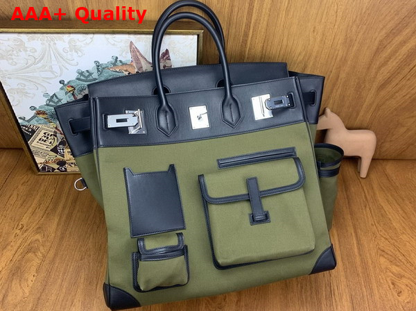 Hermes Cargo Hac Birkin 40 Bag in Khaki Canvas and Black Swift Calfskin Replica