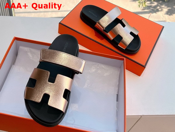 Hermes Chypre Sandal in Champagne Metallic Calfskin Replica