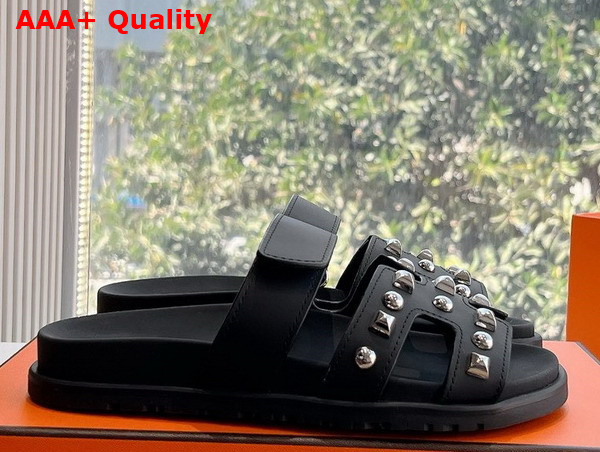 Hermes Chypre Sandal in Noir Calfskin with Medor Studs Replica