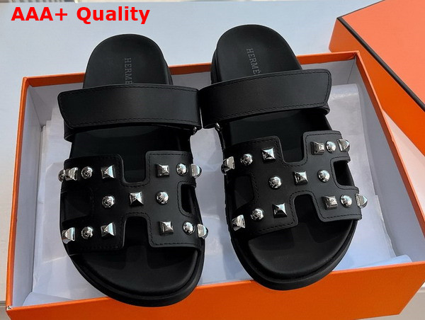 Hermes Chypre Sandal in Noir Calfskin with Medor Studs Replica