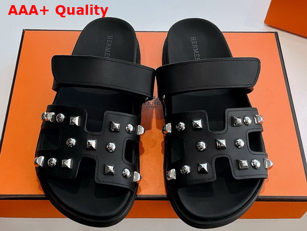 Hermes Chypre Sandal in Noir Calfskin with Medor Studs Replica