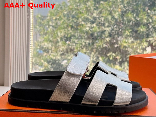 Hermes Chypre Sandal in Silver Metallic Calfskin Replica