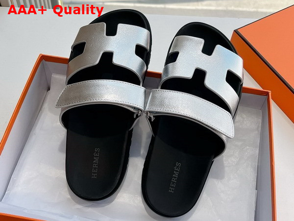 Hermes Chypre Sandal in Silver Metallic Calfskin Replica