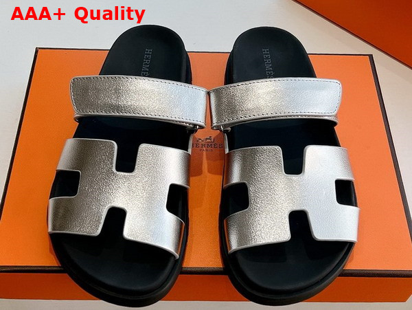Hermes Chypre Sandal in Silver Metallic Calfskin Replica