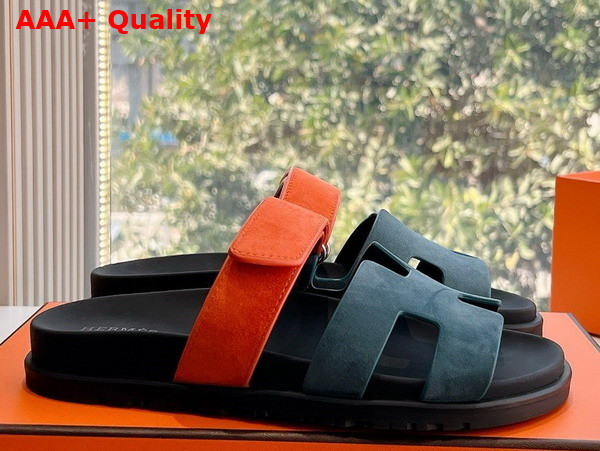 Hermes Chypre Sandal in Suede Goatskin Blue and Orange Replica